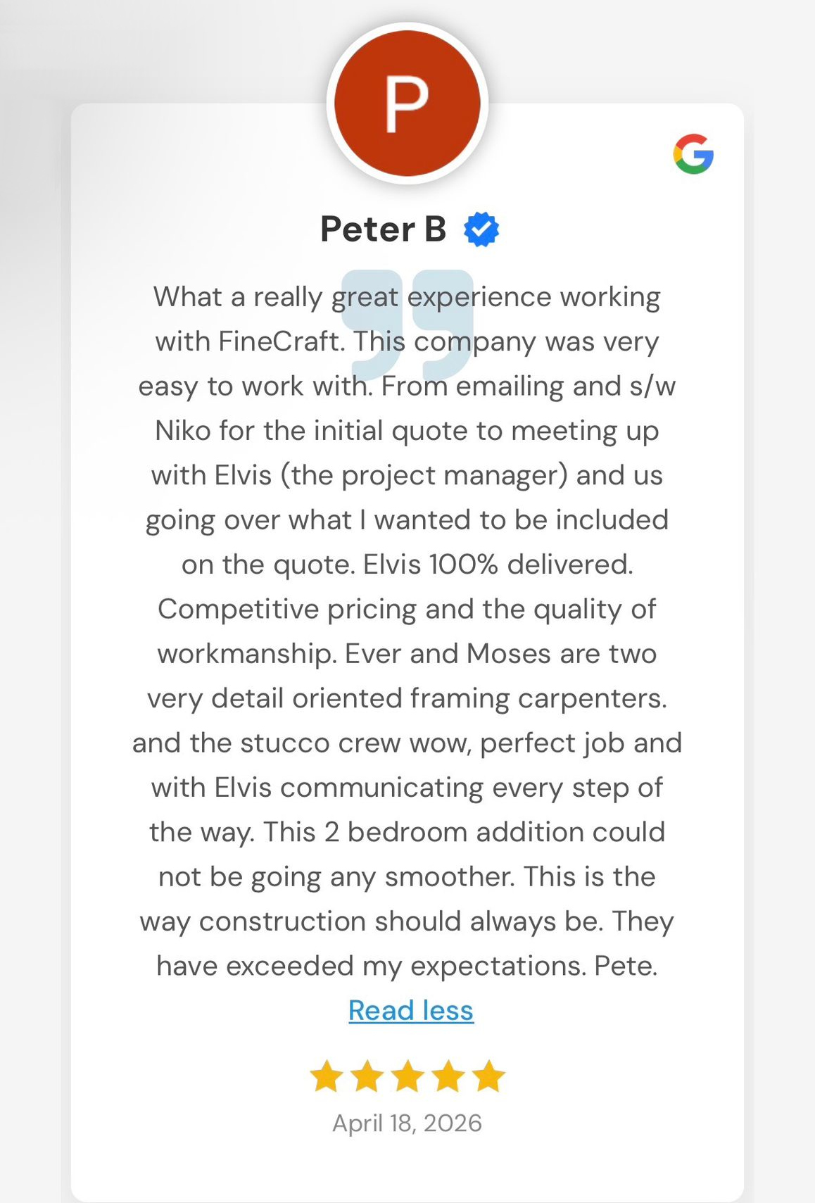 FineCraft 5-Star Client Review