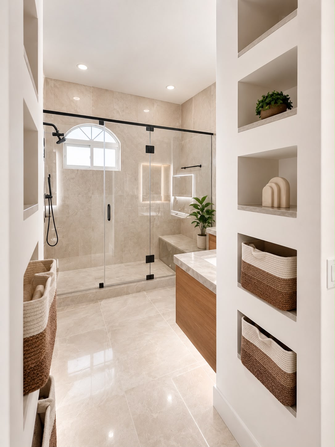 Primary bathroom with architectural niches