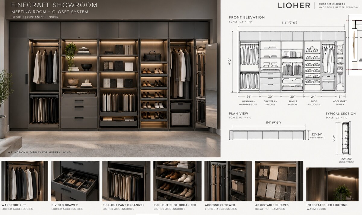 Tampa Bay showroom closet design board showing a dark wood storage wall, elevation drawings, and cabinetry details.