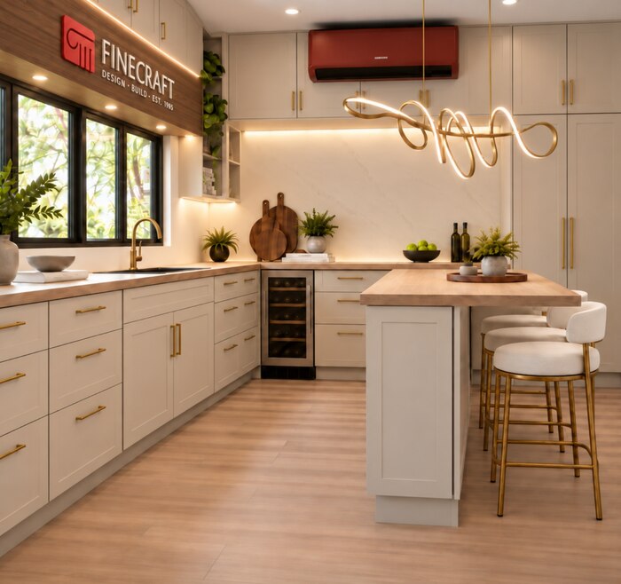 Proposed showroom kitchen with white cabinetry, a wood island, and brass lighting.