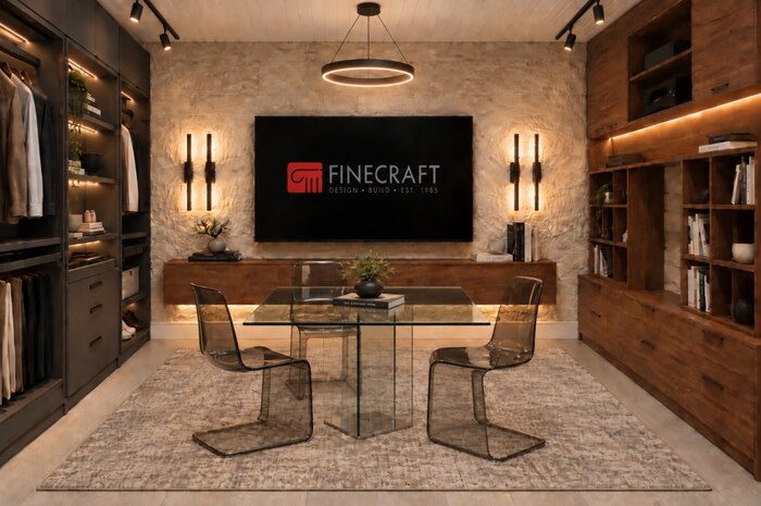 Proposed Tampa Bay showroom meeting room with warm wood cabinetry and a glass table.